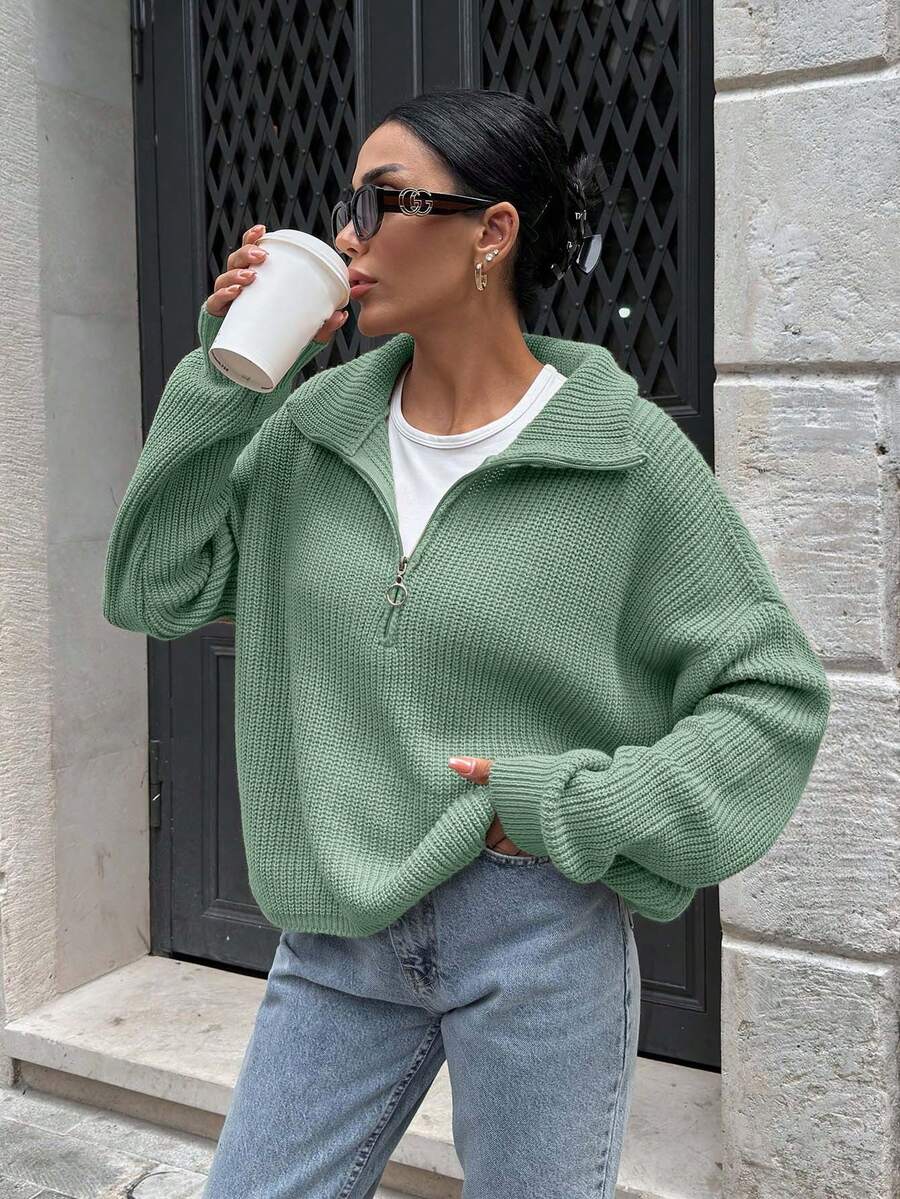 SHEIN Woman Zipper Collar Loose Fit Comfy Warm Sweater - Mint Green - View 1