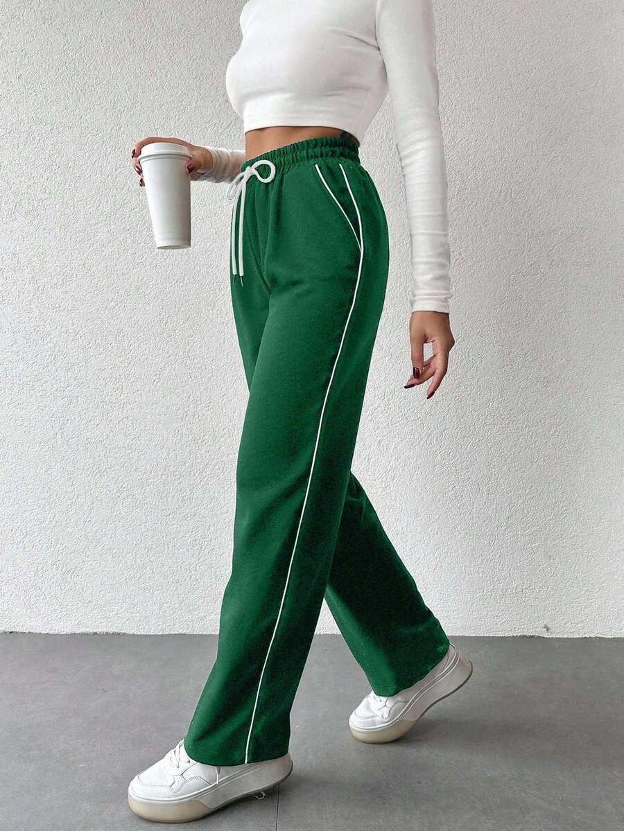 EURMUSE Women's Casual Versatile Contrast Trim Sweatpants - Dark Green - View 1