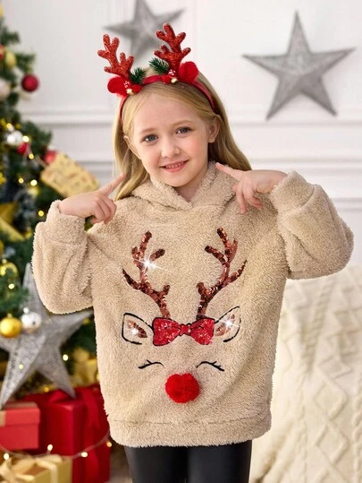 SHEIN 女童圣诞毛绒麋鹿图案可爱棕色蓬松运动衫，可爱麋鹿小鹿圣诞小鹿运动衫，舒适保暖运动衫，大号蓬松长袖卫衣，适合秋冬季节，非常适合休闲、日常穿着、上学、大学风、返校季、派对、圣诞节儿童上衣女童节日卫衣女童圣诞卫衣驯鹿圣诞上衣儿童毛绒圣诞上衣