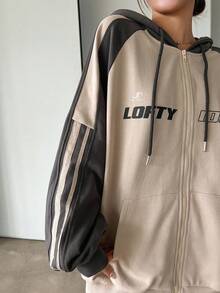 Dazy Star Felpa con cappuccio da donna con coulisse e zip, design a blocchi di colore e stampa di lettere, giacca felpa autunnale per donna