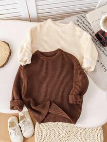 SHEIN 2 件套年轻男孩休闲宽松圆领长袖毛衣套装，适合居家、上学、旅行、滑雪、送礼，适合秋冬季