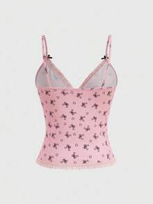 ROMWE Kawaii Bow Print Spaghetti Strap Camisole Top With Lace Trim - Pink - View 2