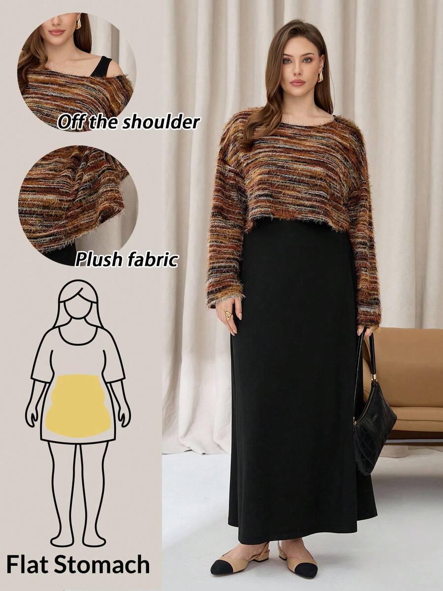 Auralis 大码女装秋冬两件套、连衣裙套装、休闲女装、毛衣长裙套装、休闲女装 - 黑與白 - 查看 1