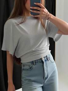 INAWLY Women's Solid Color Round Neck Batwing Short Sleeve Pleated Casual T-Shirt - Light Grey - View 4