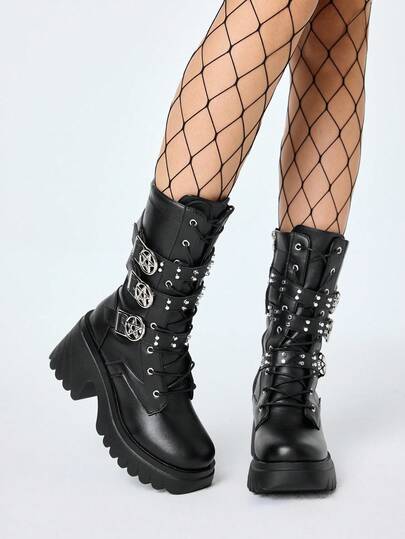 Grunge Punk Stivali punk rock europei e americani neri con borchie, stivali gotici con suola spessa, stringati, con fibbia, impermeabili e con platform, stivaletti alla caviglia da donna