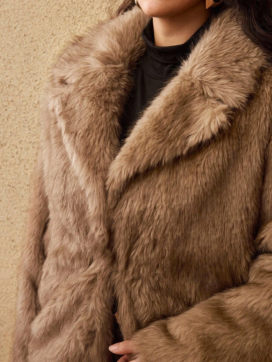 MOTF PREMIUM CHRISTMAS PLUS SIZE LAPEL COLLAR FAUX FUR COAT, AUTUMN/WINTER - Khaki - View 2