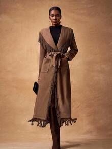 Zivah Áo khoác dáng dài màu nâu cổ điển, cổ bẻ, thắt eo, tua rua cổ điển, túi, thắt lưng, thắt eo, phù hợp cho lễ Phục sinh, lễ kỷ niệm, sinh nhật, lễ tốt nghiệp, trang phục học sinh, đi chơi thường ngày, du ngoạn, dạo phố, phong cách Bohemian, áo khoác ve áo tua rua cổ điển, túi, váy dài ngang eo - dành cho nữ - màu nâu - Xem 1