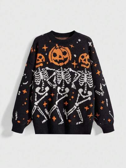 Fairycore Suéter holgado de punto jacquard con adornos de calabaza y calavera vintage para mujer