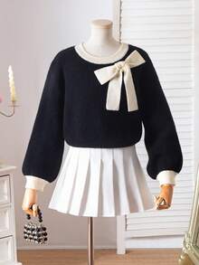 Girls' Bowknot Cropped Round Neck Pullover Sweater, Cute & Sweet Fashion Chunky Knit Fall Winter - Black - View 3