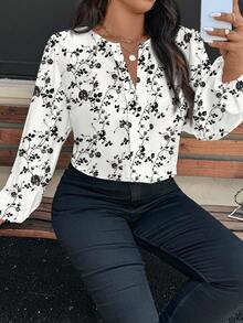 EMERY ROSE 休闲花卉图案优雅大码长袖衬衫，适合春秋季节 - 杏色 - 查看 3