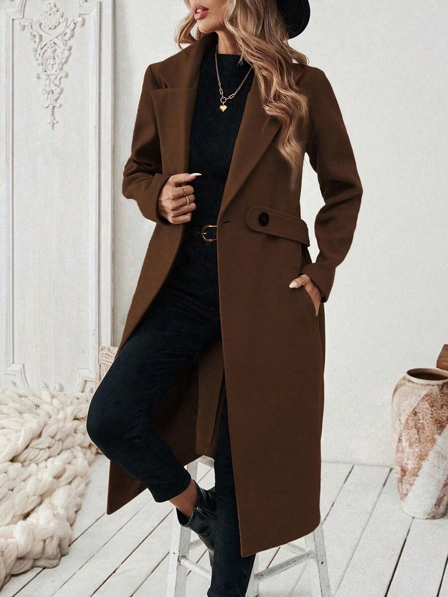 SHEIN Tall 女士基本款通勤和商务大衣，翻领，纽扣腰带，秋冬 - 咖啡棕 - 查看 1