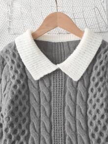 Vestido suéter feminino elegante, estilo universitário, gola branca, babados, manga larga, texturizado, de malha, manga comprida, adequado para uso diário, ao ar livre, no campus, no outono/inverno