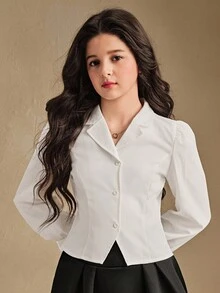 SHEIN Blouse à col cranté pour jeunes filles avec manches longues - Blanc - Voir 3