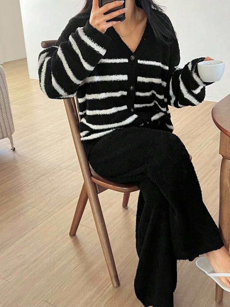 2pcs Women Loose Striped Knit Long Sleeve Top And Pants Lounge Set, Casual Loungewear For Autumn/Winter, Fall Clothes Pajama, Cozy Outfit Thermal Lined, Fluffy