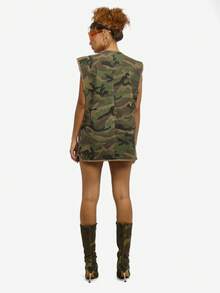 SUMWON WOMEN Cotton Women Camouflage Utility Vest Military Style Mini Dress Length Sleeveless Zip Front Fashion Outerwear Jacket Fall Winter Streetwear Modern Design With Matching Boots - Army Green - View 2