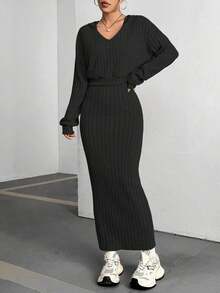 Flirla Solid Color V-Neck Ribbed Knit Long Sleeve Top And Skirt Set - Black - View 5