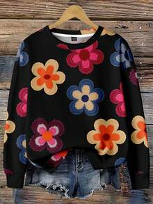 EMERY ROSE Sudadera de mujer talla grande con estampado floral texturizado, adecuada para atuendos de otoño/invierno - Multicolor - Ver 4