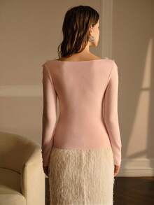 MOTF PREMIUM V-NECK EMBROIDERY MESH APPLIQUES SLIM FIT SWEATER - Pink - View 4