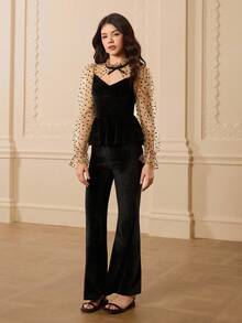 Teenage Long Sleeve Ruffle Collar Polka Dot Patchwork Blouse + High Waist Flare Pants Set Fall Winter - Black - View 3