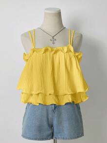 INAWLY Camiseta sin mangas de unicolor con volantes en el bajo para vacaciones de verano - Amarillo - Ver 7