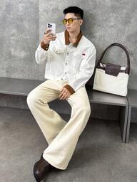 ESTAVOR เสื้อแจ็คเก็ตยีนส์ลำลองแขนยาว กระดุมแถวเดียว ปกสีตัดกันสำหรับผู้ชาย