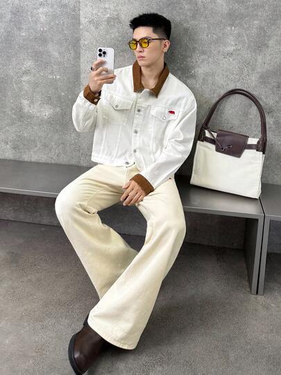 ESTAVOR Men's Autumn Contrast Color Lapel Long Sleeve Single-Breasted Casual Denim Jacket