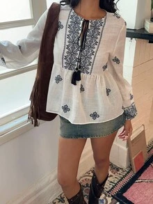 SHEIN Unity Women's Retro Print Tie-Up Tassel Lantern Sleeve Casual Vacation Blouse, Autumn/Winter