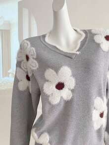 SHEIN Suéter de punto con estampado floral para adolescentes, informal para otoño/invierno - Gris Claro - Ver 4