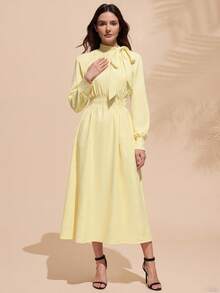 Almamuse Women's Elegant Ruched Ruched Tie Neck Lantern Sleeve Long Dress - Light Yellow - View 5