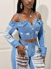 SHEIN PETITE 女士露肩长袖做旧牛仔短外套 - 藍色 - 查看 6