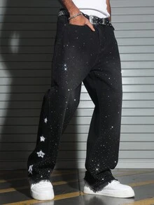 Manfinity EMRG Jeans anchos de mezclilla desgastados para hombres con decoración de strass en forma de estrella, ropa urbana juvenil - Negro - Ver 4