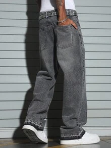 Manfinity EMRG Men's Rhinestone Print Wide Leg Jeans, Perfect Holiday Gift For Boyfriend & Husband - Grey - View 2