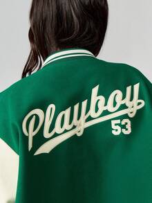Missguided x Playboy Oversized Vintage Style Varsity Bomber Jacket Letterman Baseball College Retro Fashion Varsity Athletic Bomber Classic Preppy Winter Fall Jacket With Striped Ribbing
