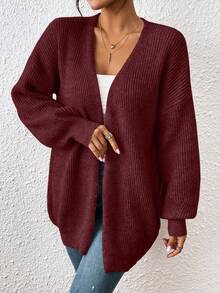 EMERY ROSE Áo khoác cardigan dệt kim hở gân màu trơn tối giản cho nữ, mùa thu/đông - Màu Đỏ Sâu - Xem 5