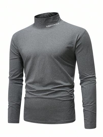 Manfinity Homme Men's Solid Color Minimalist Turtleneck Long Sleeve T-Shirt, Casual Everyday Wear Men Tops Long Sleeve Grey Top Men Turtle Neck, Fall