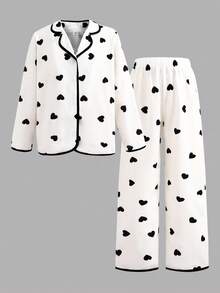 2pcs Tween Girls Cute Minimalist Heart Pattern Cardigan Long Sleeve Top And Straight Leg Lounge Pants Sleepwear Set, Casual And Comfortable - Grey - View 8