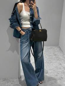 DAZY 女士时尚牛仔连体裤，高品质时尚长袖牛仔套装 - 深色水洗藍 - 查看 1