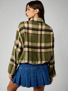 MISSGUIDED Cotton Women Plaid Zip Up Bomber Jacket Fall Winter Casual Fleece Green Cropped Check Pattern Outerwear For Teen Girls Y2K Fashion Warm