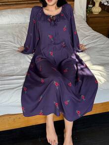 DAZY Floral Print Drawstring Waist Loose Long Women Nightgown, Fall Pajama, Winter, Moo Moo Night Dress - Purple - View 8