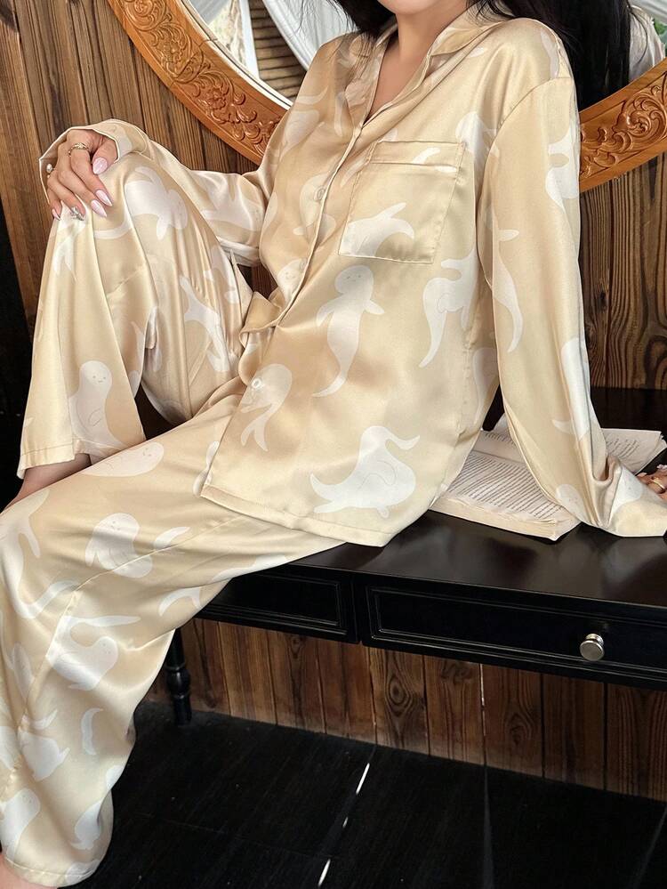 Abstract Pattern Satin Loose Women Pajama Set, Fall Clothes