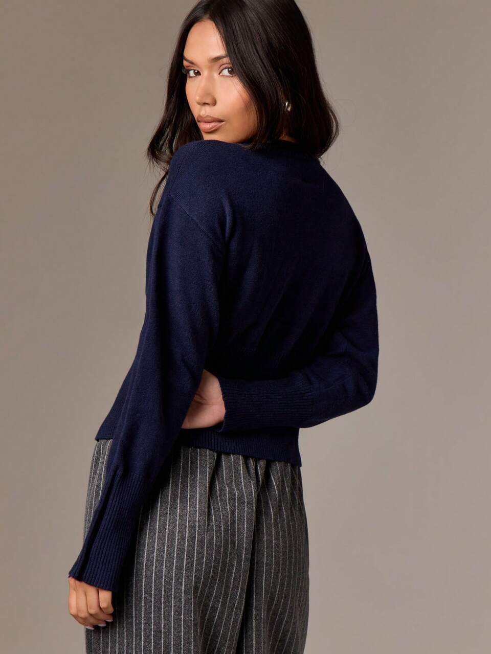 AiiRZ Women Knitted Button Down Cardigan Cropped Classic Navy Blue Long Sleeve Winter Fall Sweater Vintage Style Y2K Fashion Preppy Basic Casual Top