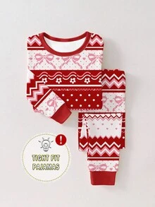 SHEIN 1set Tween Girls Vintage Red Butterfly & Floral Print Knit Crew Neck Snug Fit Long Sleeve Top And Pants Pajama Set, Suitable For Christmas And Holidays  Snug Fit Christmas Pajamas - Red - View 3