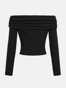 Girlism 少女秋季校园风服装，黑色露肩罗纹针织毛衣长袖 T 恤，卡其色格子百褶裙，休闲两件套 - 彩色 - 查看 4