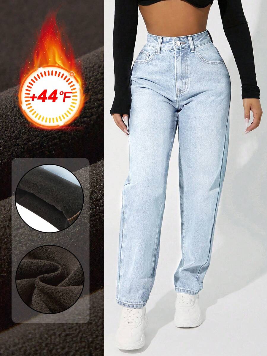 SHEIN PETITE Casual Washed High Waist Thermal Lined Jeans - Blue - View 1