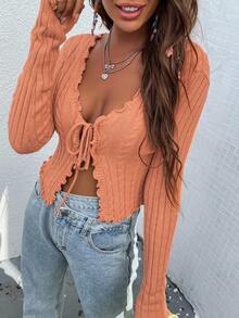 Chiquease Lettuce Trim Twist Knot Casual Long Sleeve Cardigan - Orange - View 4