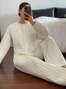 DAZY 女士休闲宽松加厚两件套，秋冬家居服套装 - 米色 - 查看 7