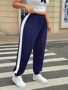 SHEIN EZwear Plus Size Women Contrast Color Elastic Waist Drawstring Casual Sweatpants/Winter