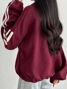 DAZY 休闲学院风宽松字母印花女式拉链卫衣夹克 - 酒紅色 - 查看 6