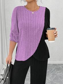 EMERY ROSE 加大码圆领长袖柔软针织罗纹拼色不对称拼接上衣和柔软针织罗纹直筒裤休闲家居服两件套 - 彩色 - 查看 6