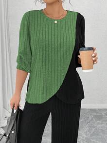 EMERY ROSE 加大码圆领长袖柔软针织罗纹拼色不对称拼接上衣和柔软针织罗纹直筒裤休闲家居服两件套 - 彩色 - 查看 7